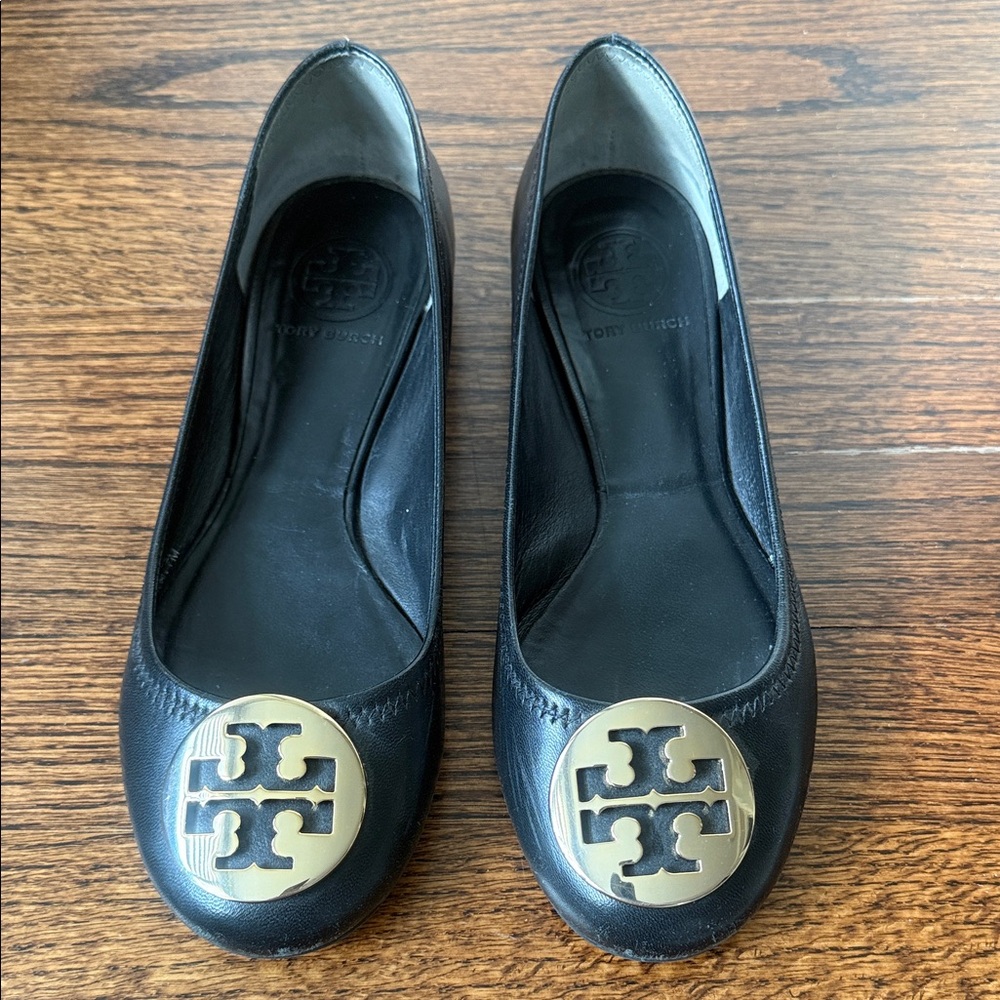 Tory Burch Black Leather Flats with Gold Emblem